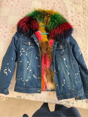 Rare Daniella Erin NYC Multicolor Genuine Fur Lined Distressed Denim Jacket M